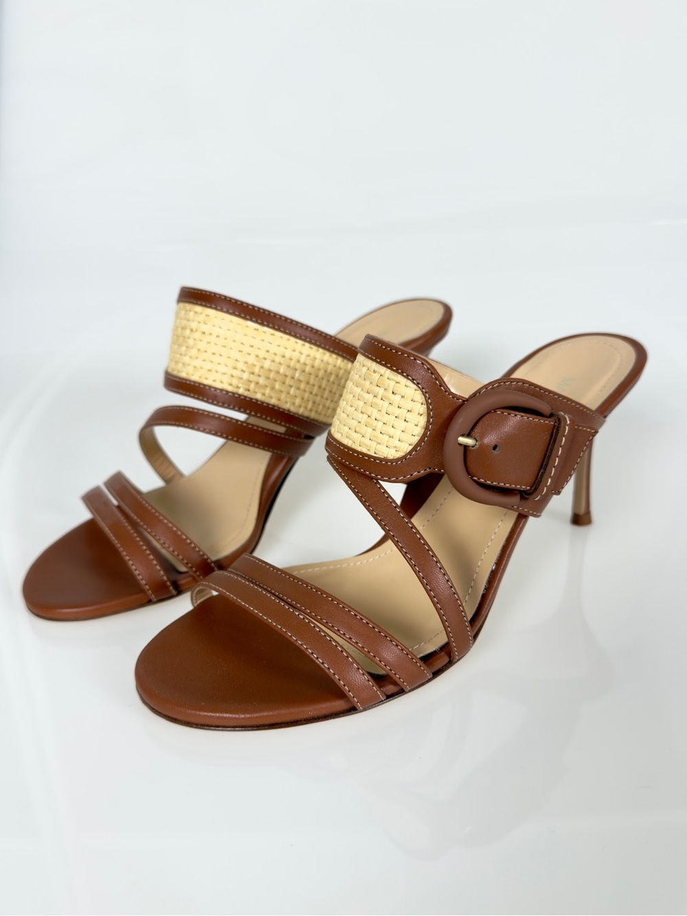 Marion Parke Brown Leather Raffia Buckle Mule Sandals Heels